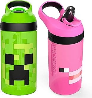 Minecraft Kids Water Bottle with Straw and Built in Carrying Loop Set, Made of Plastic, Leak-Proof Water Bottle Designs (Creeper/Pig, 16 oz, 2pc Set)