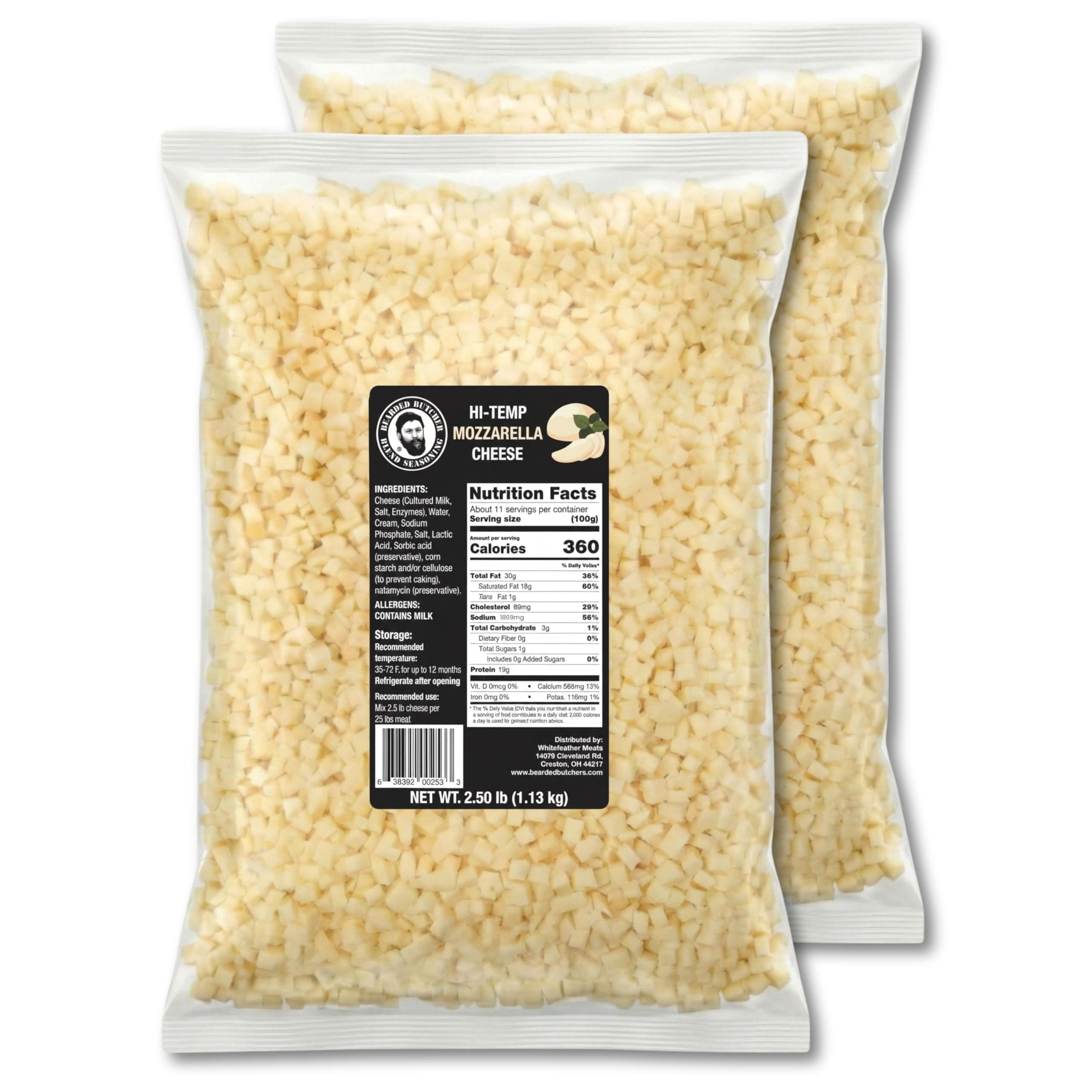 Bearded Butchers High-Temp Mozzarella Cheese, Pack of 2 (2.5 lb Bags) – 5 lbs Total, Shelf-Stable 1/4-Inch Cubes for Up to 25 lbs of Meat Per Bag, 400°F High-Temperature Cheese – Ideal for Sausage Making, Brats, Snack Sticks, Burgers, and More