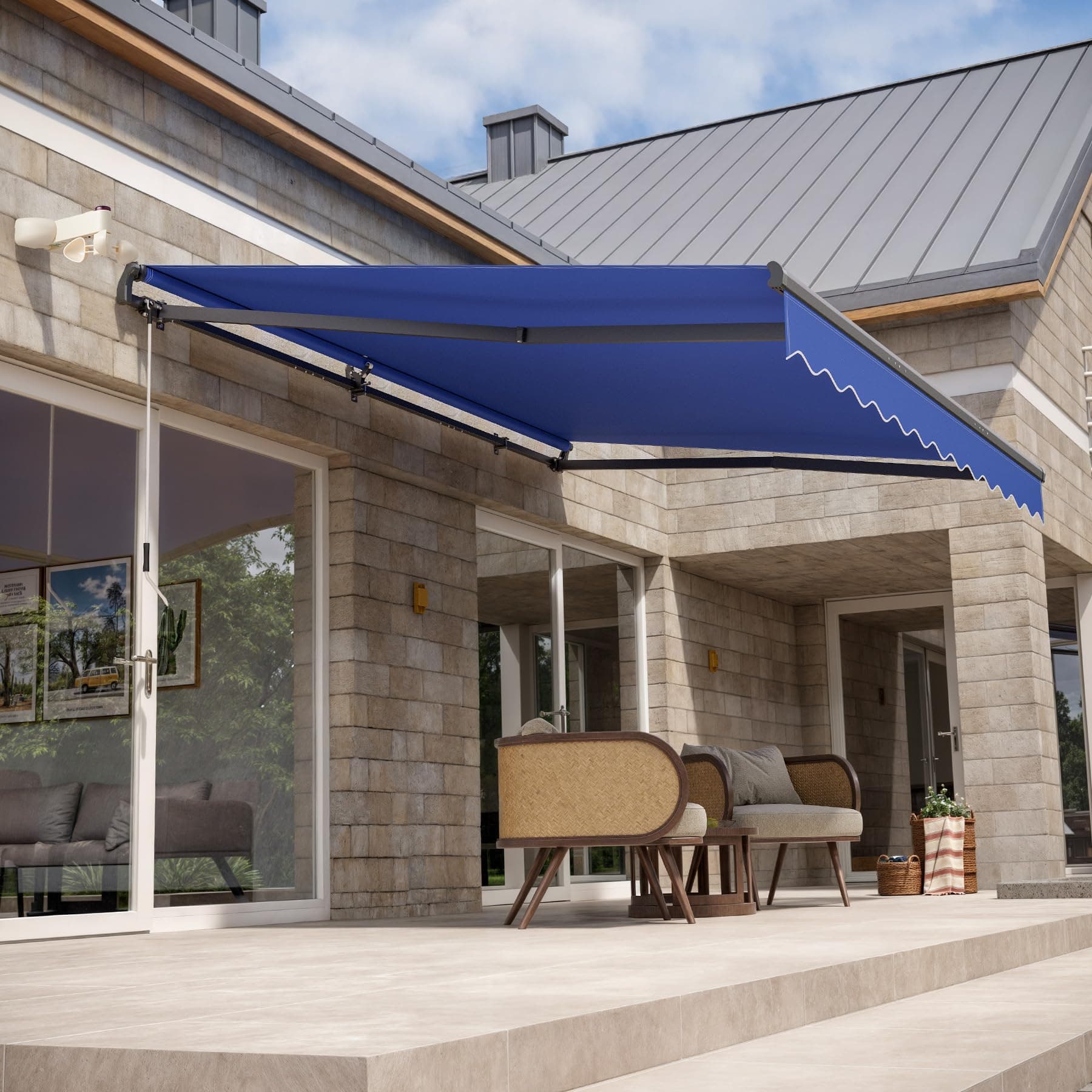 CO-Z 14 x 10 ft Electric Retractable Awning, Powered Outdoor Shade Waterproof Fabric for Balcony, Automatic Patio Retractable Awning with Wind Sun Sensor Remote & LED Light, Blue