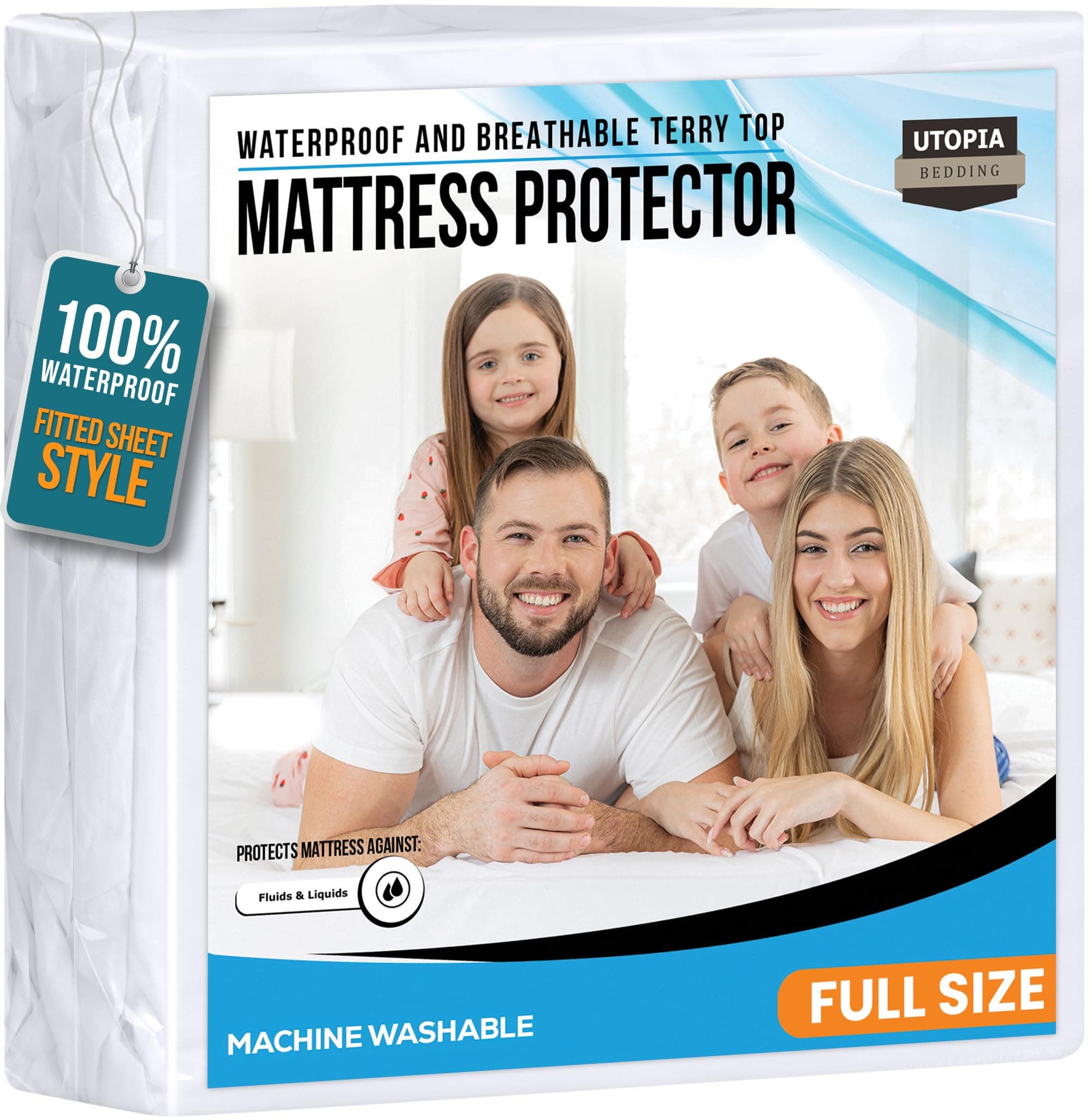 Full Size Mattress Protector Waterproof, Premium 200 GSM Terry Mattress Cover, Soft & Breathable Bed Cover, Fitted Sheet Style Stretchable Deep Pockets 15" by Utopia Bedding (White)