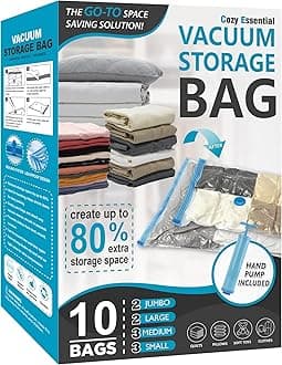 Cozy Essential Vacuum Storage Bags, Compression Space Saver Bags for Clothes, Comforters, Blankets, Pillow, Bedding, Sealer Clothing Storage,10 Combo
