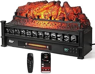 TURBRO Eternal Flame 26 in. WiFi Infrared Quartz Electric Fireplace Log Heater with Sound Crackling, Realistic Pinewood Logs, Adjustable Flame Colors, Remote Control, Thermostat, Timer, 1500W Black