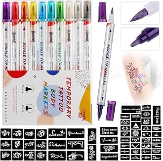 HAWINK Temporary Tattoo Markers for Skin, 10 Body Dual-End Markers and 56 Tattoo Stencils for Adults Christmas Party, Tattoo Pens Make Bold and Fine Lines ZYH2208001KIT