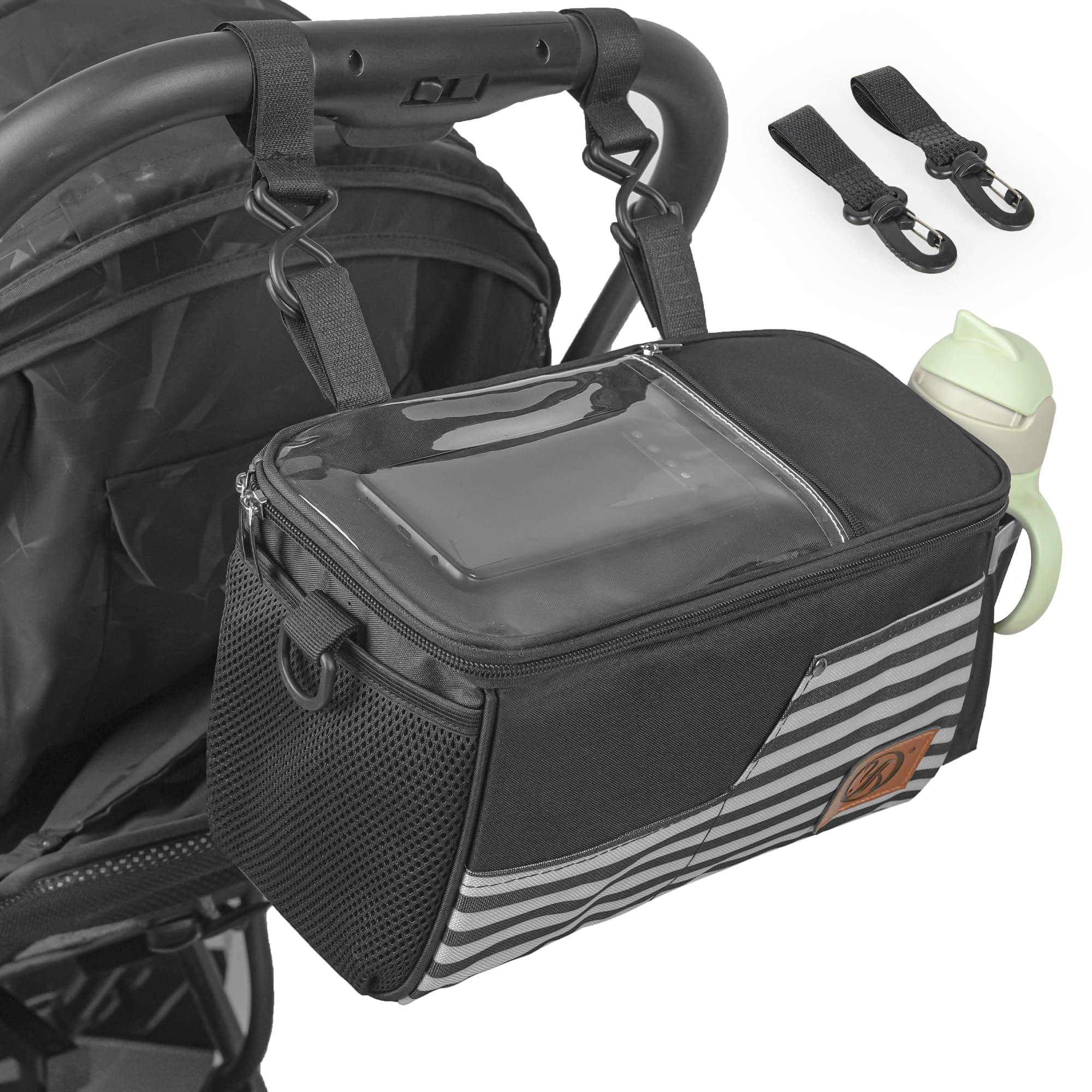 Twinkle BabyStroller Organizer bag with Cup Holder, Adjustable Non-Slip Strap, Comes with extra Stroller hooks,Practical Touch Screen Phone Pouch Design for Bottles, Phones, and Diapers (Black)