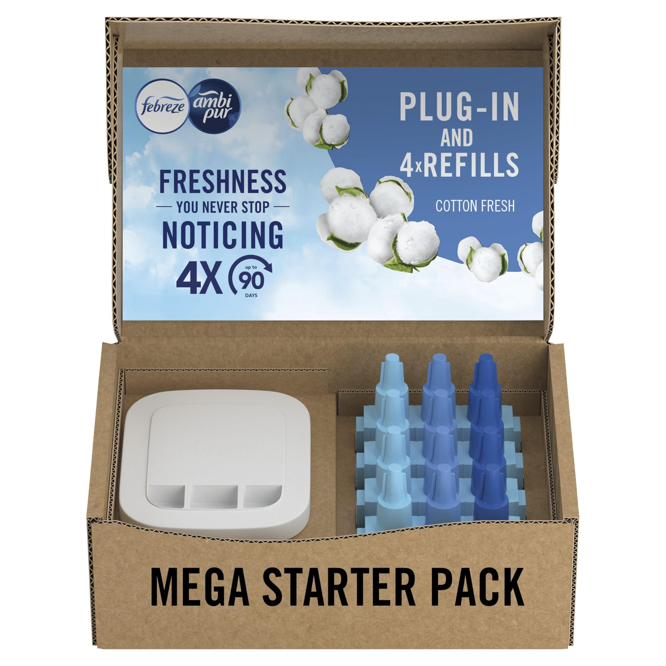 Ambi Pur 3Volution Air Freshener Plug-In Diffuser Refill Starter Kit, Odour Eliminator, Cotton Fresh, 80 ml, (20 x 4)