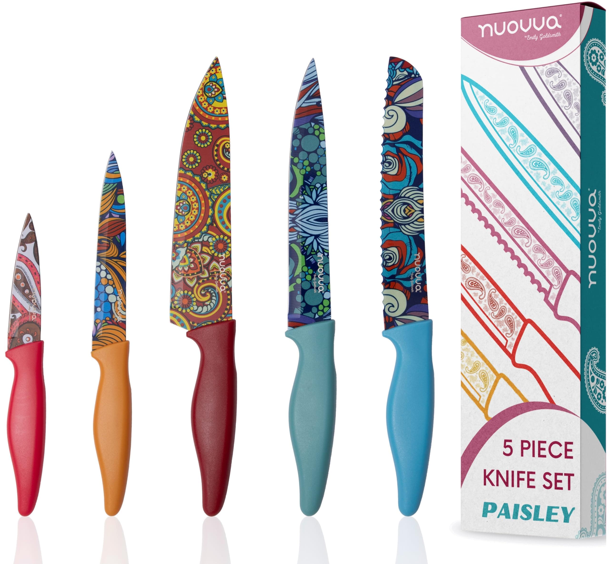 Professional Kitchen Knife Set – 5pcs Paisley Pattern Kitchen Knives – Stainless Steel Granite Non Stick Blades – Chefs, Filleting, Bread, Paring and Utility Knives