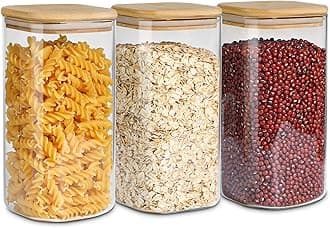 ComSaf Airtight Glass Storage Canister with Wood Lid (50oz), Clear Food Storage Container Jar with Sealing Bamboo Lid for Noodles Flour Cereal Rice Sugar Tea Coffee Beans (Set of 3, 1500ml)
