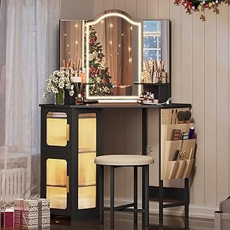 Lvsomt Corner Vanity Desk With Mirror And Lights, Makeup Charging Station, Dressing Table 3 Lighting Options, Set Stool, Women’S For Bedroom, Black