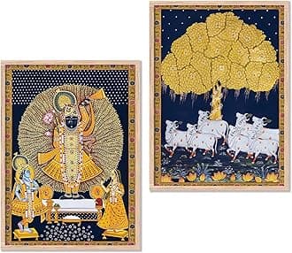 kotart Madhubani Art Framed Painting for Home, Living Room, Hall, Shrinath Ji Pichwai Traditional Paitnings with Frame for Home Decor (Set of 2)