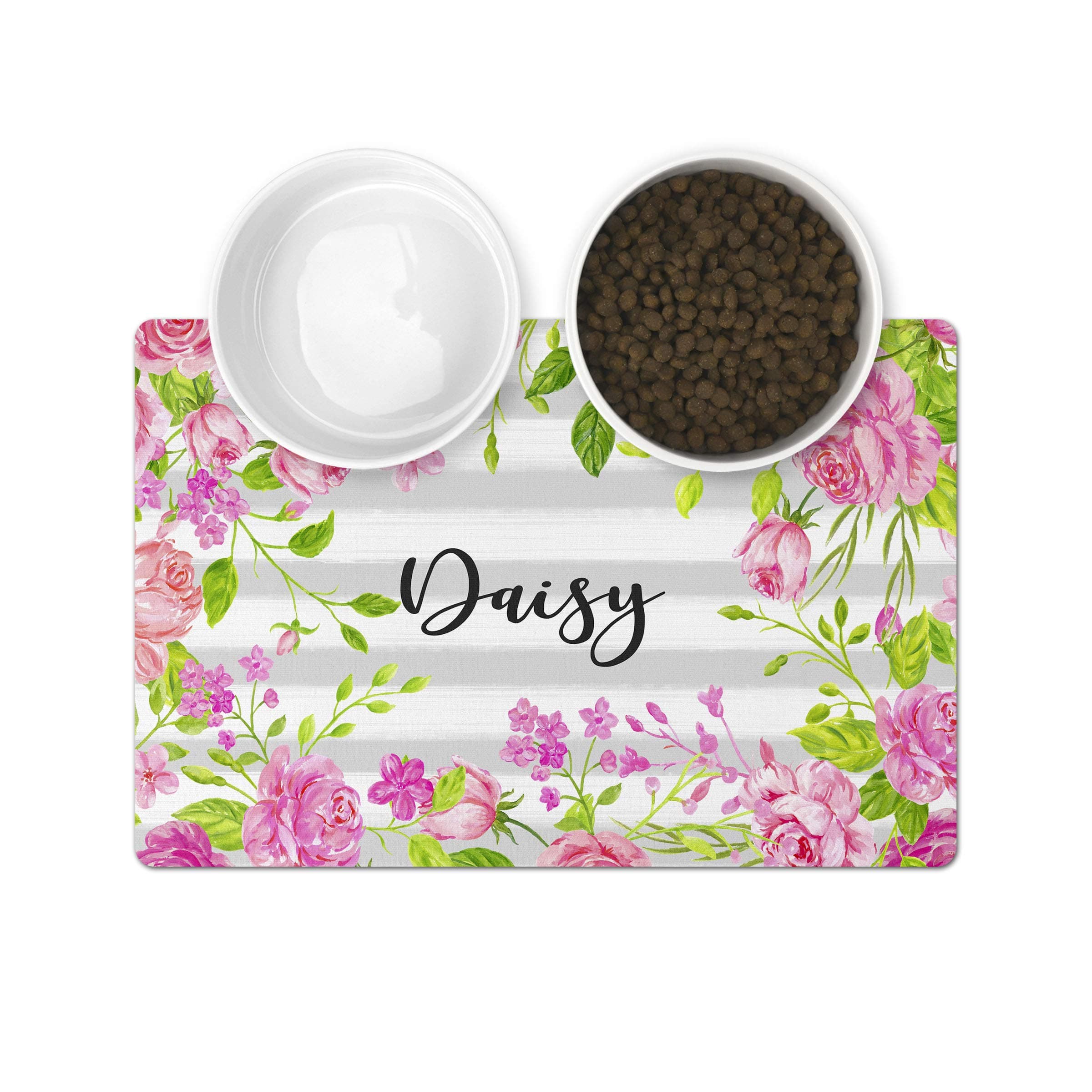 The Navy Knot Personalized Pet Mat - Neoprene, Sturdy & Non-Skid Back - Cats & Dogs Feeding Mat - Petfood, Water & Dish Bowl Pad - Edge Corner Utility Placemat (12 x18, Pink Roses Frame)