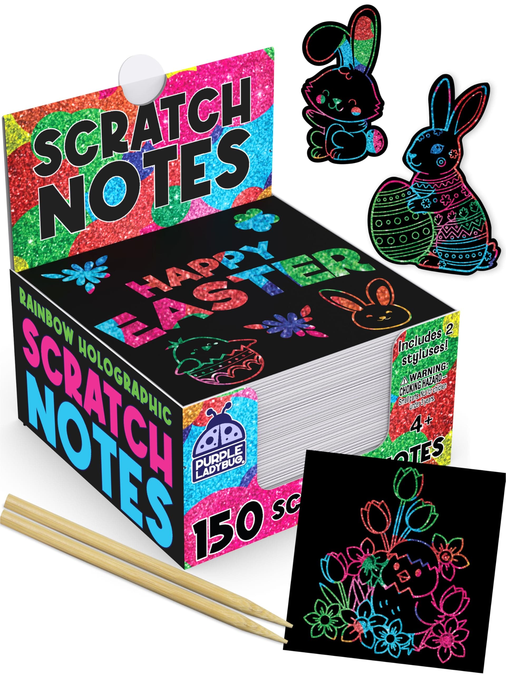 PURPLE LADYBUG Scratch Art Notes for Kids and Teens - 150 Sheets - Easter Basket Fillers, Kids Arts and Crafts, Birthday Present for Girls and Boys, Creative Girls Stationery (Rainbow Holographic)