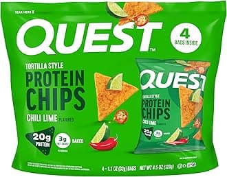 Quest Nutrition Chili Lime Tortilla Style Protein Chips, 20g Protein, 3g Net Carbs, Low Carb, Gluten Free, 1.1 oz (Pack of 4)