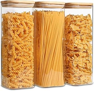 ComSaf 2.1L Glass Spaghetti Storage Jar, Clear Food Storage containers with Bamboo Lid for Pasta Noodles Flour Cereal Rice Sugar Tea Coffee Beans, Set of 3