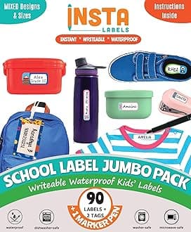 - Complete School Name Label Kit | Waterproof Name Labels for Kids School Supplies | with 12 Iron on Personalised Waterproof Name Stickers for Clothes & 2 Bag Tags | Name Tags for Kids for School