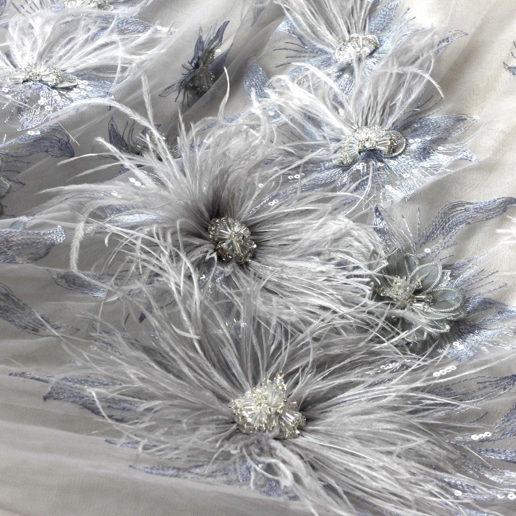 New Pink/Off White/Grey 3D Flowers Feather Beaded Pearls Rhinestones Crystal Wedding/Evening Dress lace Fabric by Yard (Grey)