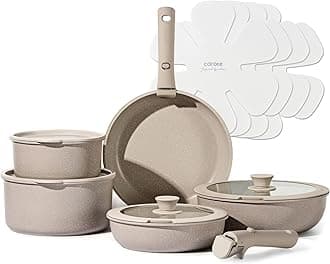 CAROTE15pcs Cookware Set, Pots and Pans Set Nonstick, Dishwasher/Oven/Fridge Safe, Kitchen Set Induction RV Cookware, Space Saving, Cooking Set, Non Stick Set with Versatile Detachable Handle, Taupe