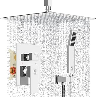 12 Inch Ceiling Mounted Shower System Rain Mixer Shower Combo Set Rainfall Shower Head System Polished Chrome Shower Faucet Rough-in Valve Body and Trim Included