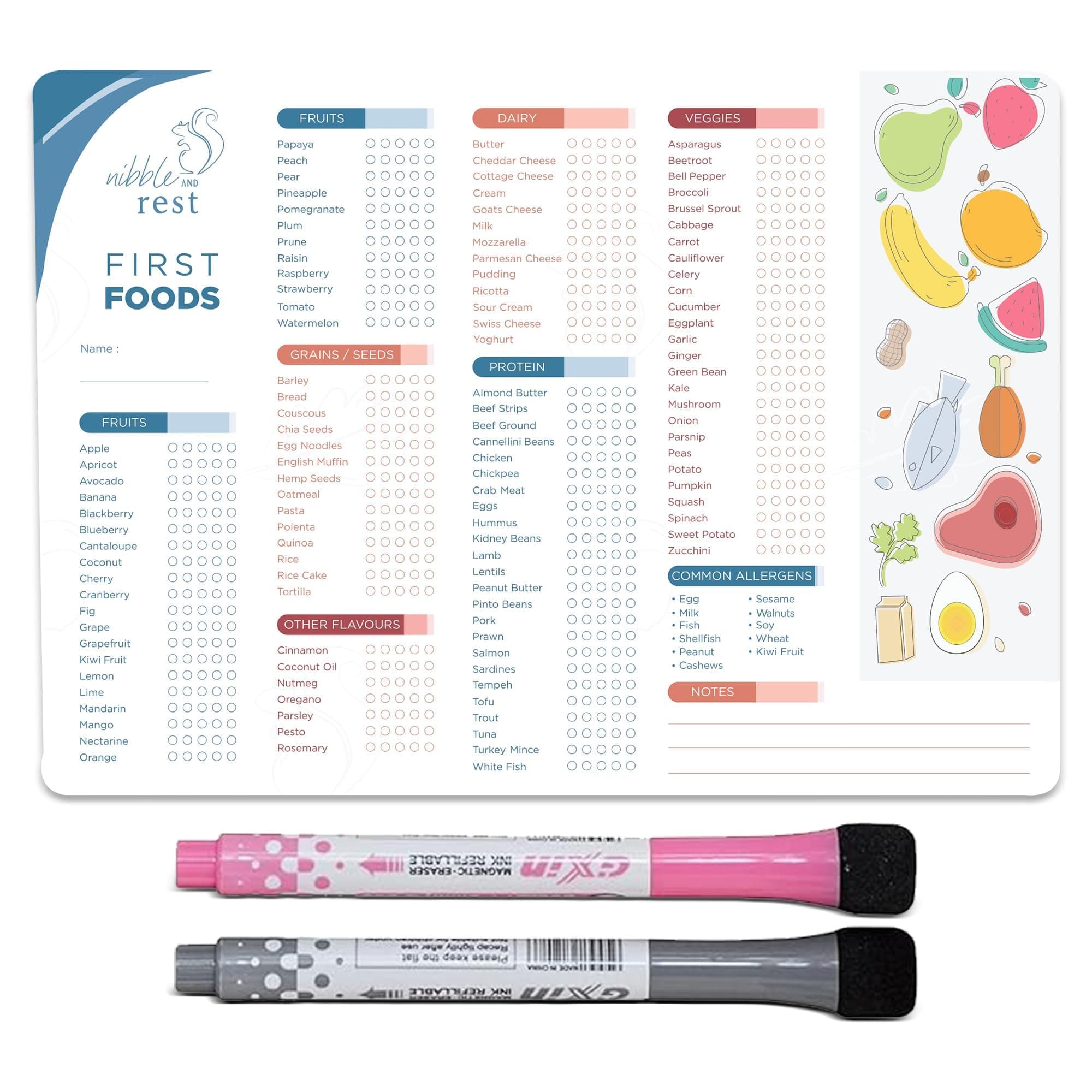 Nibble and Rest Baby's First Foods Tracker Fridge Magnet, Dry Erase Activity Poster, Daily Food Log, 101 Before One, Baby Food Chart/Checklist 25x35cm