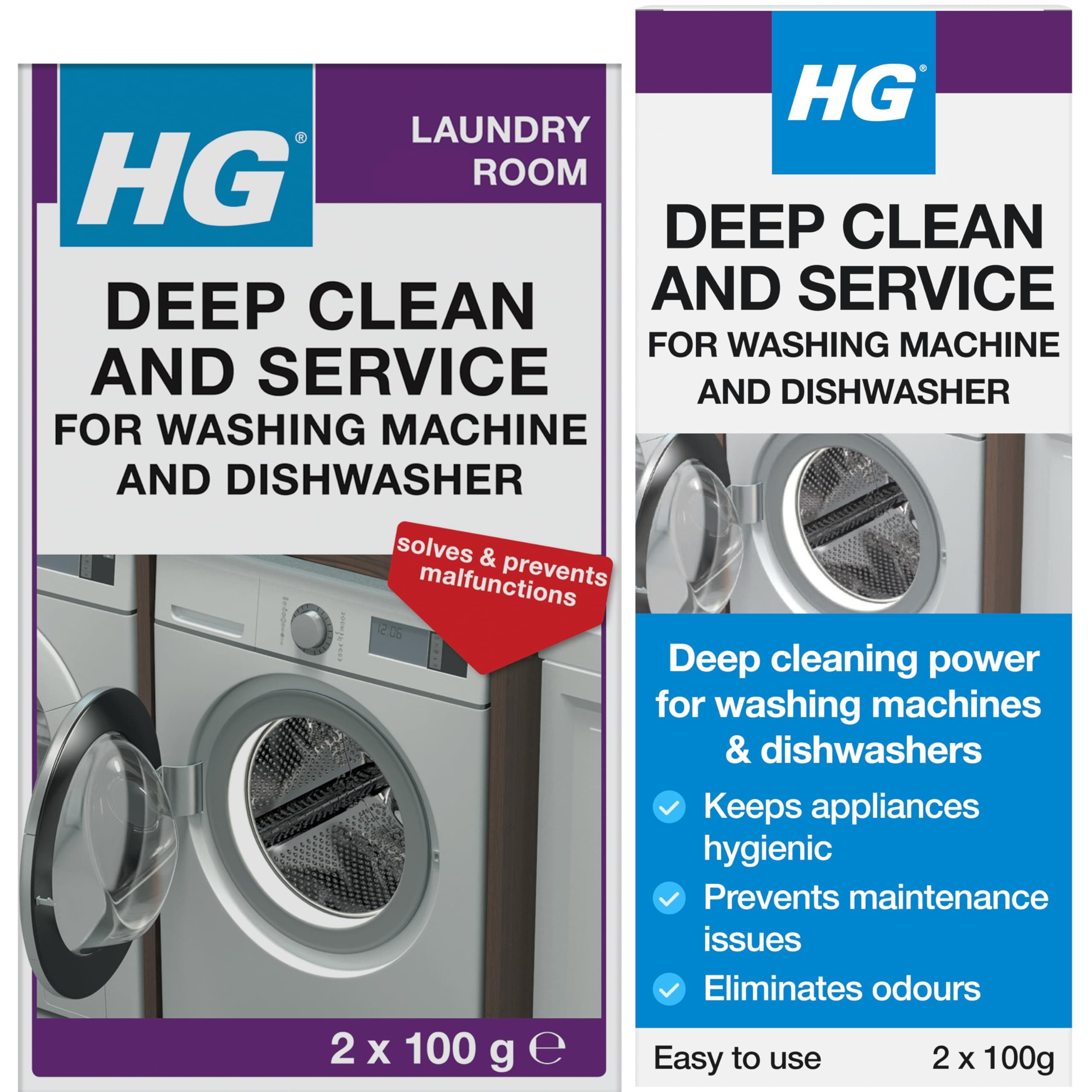 HG Deep Clean and Service for Washing Machines & Dishwashers, Professional Standard Cleaner & Descaler for Home Laundry & Kitchen Cutlery/Plate Cleaning Appliances – 2 x 100g (248020106)