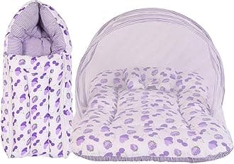 Babloo Baby Bed New Born Baby Bedding Set | Mosquito Net | Mattress | Carry Bag | Essentials Combo | Cotton | Infants | Boys & Girls (0-6 Months) Purple