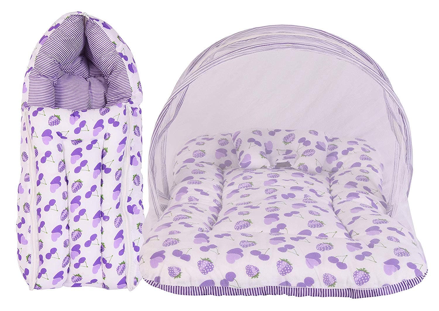 Babloo Flat Bed Baby Bed New Born Baby Bedding Set | Mosquito Net | Mattress | Carry Bag | Essentials Combo | Cotton | Infants | Boys & Girls (0-6 Months) Purple