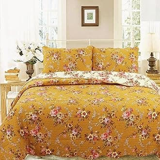 Cozy Line Home Fashions Perry Mustard Yellow Floral Blooming Flower Printed 100% Cotton Vintage Quilt Bedding Set Reversible Coverlet Bedspread (Camellia, King - 3 Piece)