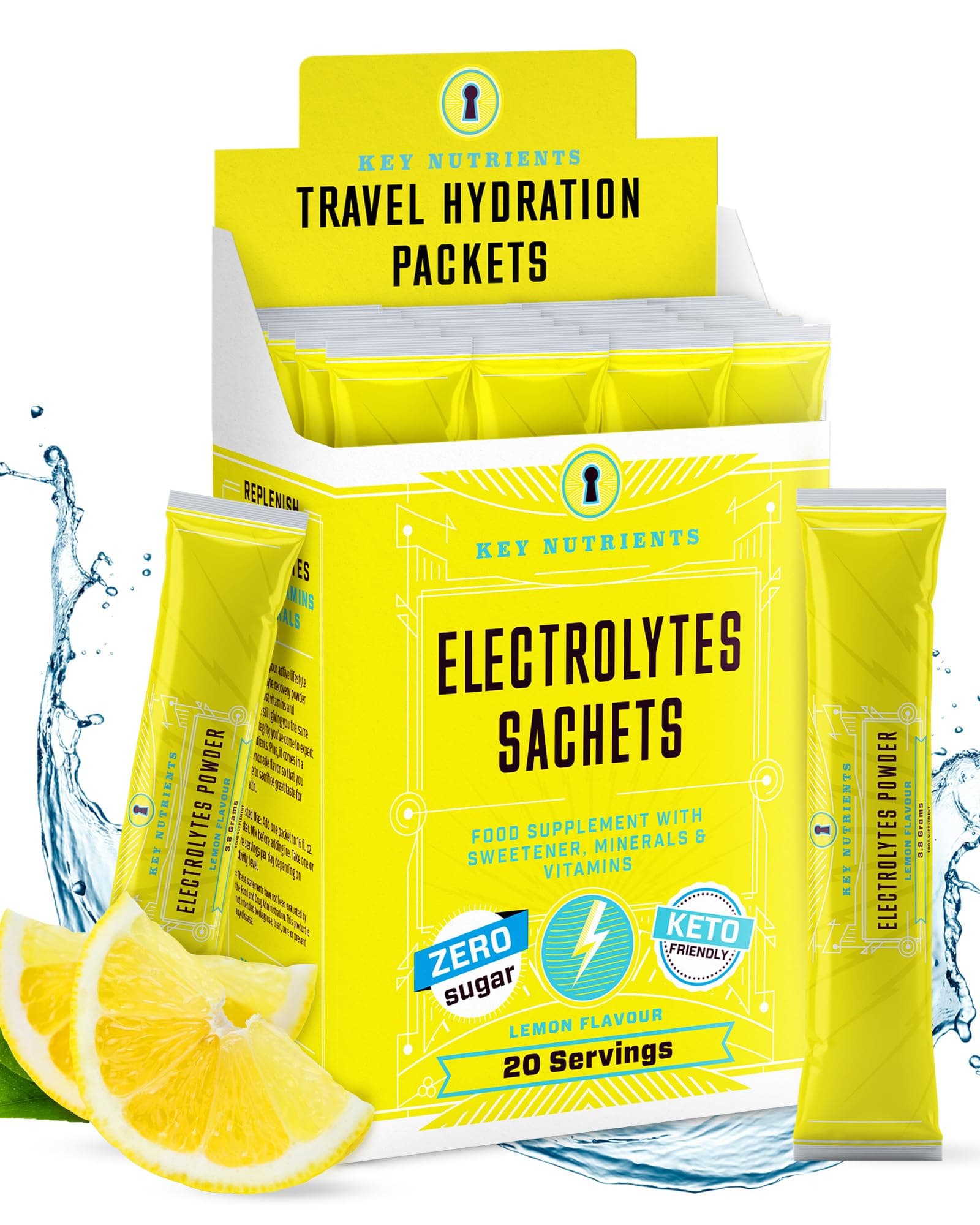 KEY NUTRIENTS Electrolytes Powder Packets - Refreshing Lemonade 20 Pack Hydration Packets - Travel Hydration Powder - No Sugar, No Calories, Gluten Free - Made in USA