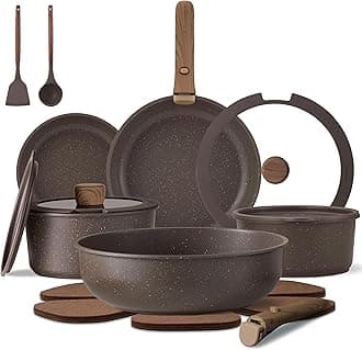 CAROTE 17PCS Pots and Pans Set Non Stick, Cookware Sets, Kitchen Set, Induction Cookware, Kitchen Cookware Sets, Brown