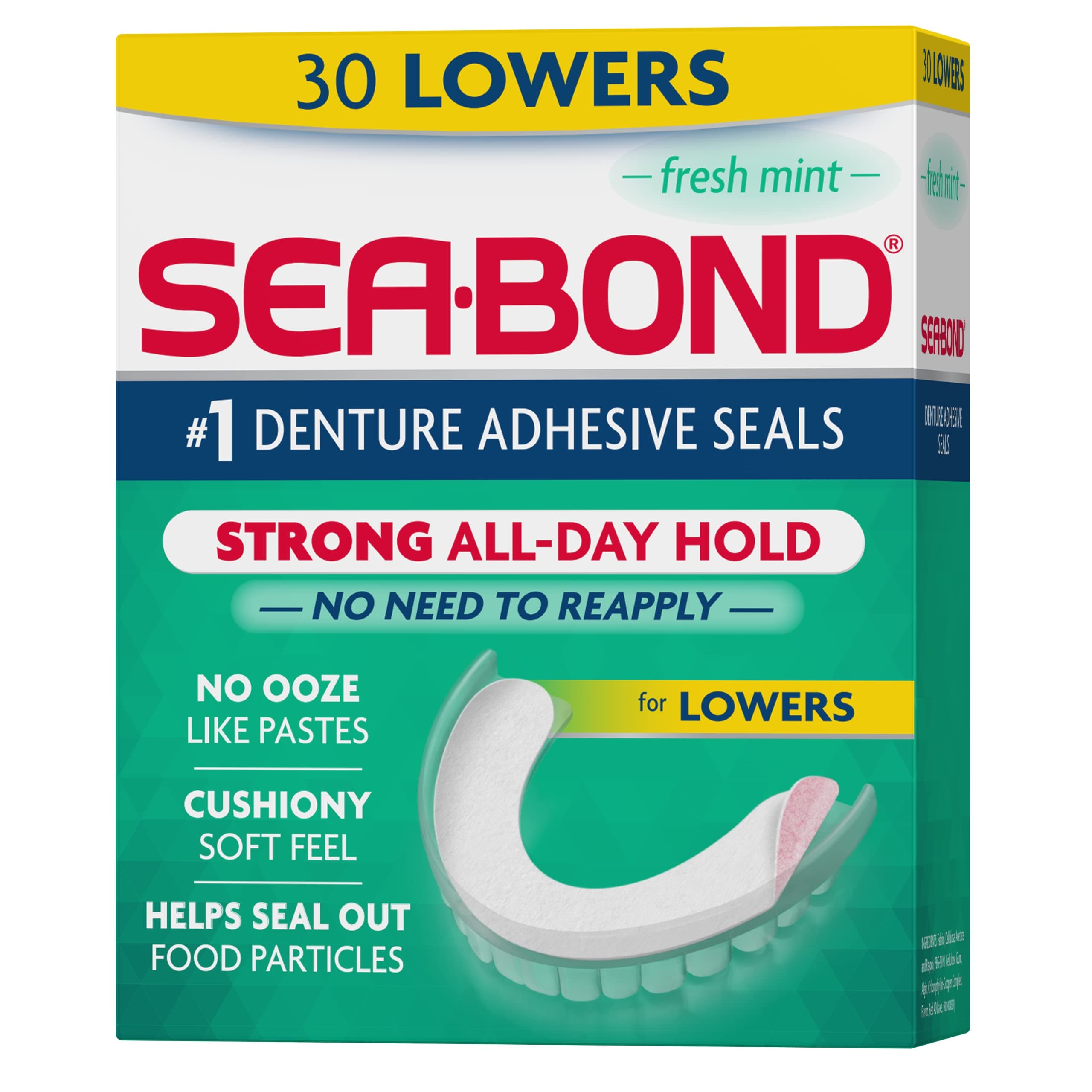 Sea Bond Secure Denture Adhesive Seals, Fresh Mint Lowers, 30 Count