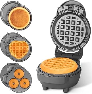 4 in 1 Mini Waffle Maker with Removable Plates, Set Includes Mini Pancake, Donut, Heart Shape Waffle Makers, Compact Size, Recipe Included, Graphite