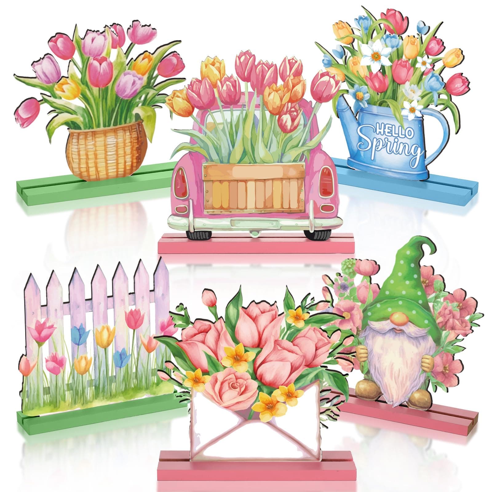 Barydat 6 Pcs Spring Wooden Table Decor Farmhouse Spring Wood Table Signs Gnome Floral Truck Wooden Plaque for Spring Party Hello Spring Table Centerpiece Decor for Home Kitchen(Flower)