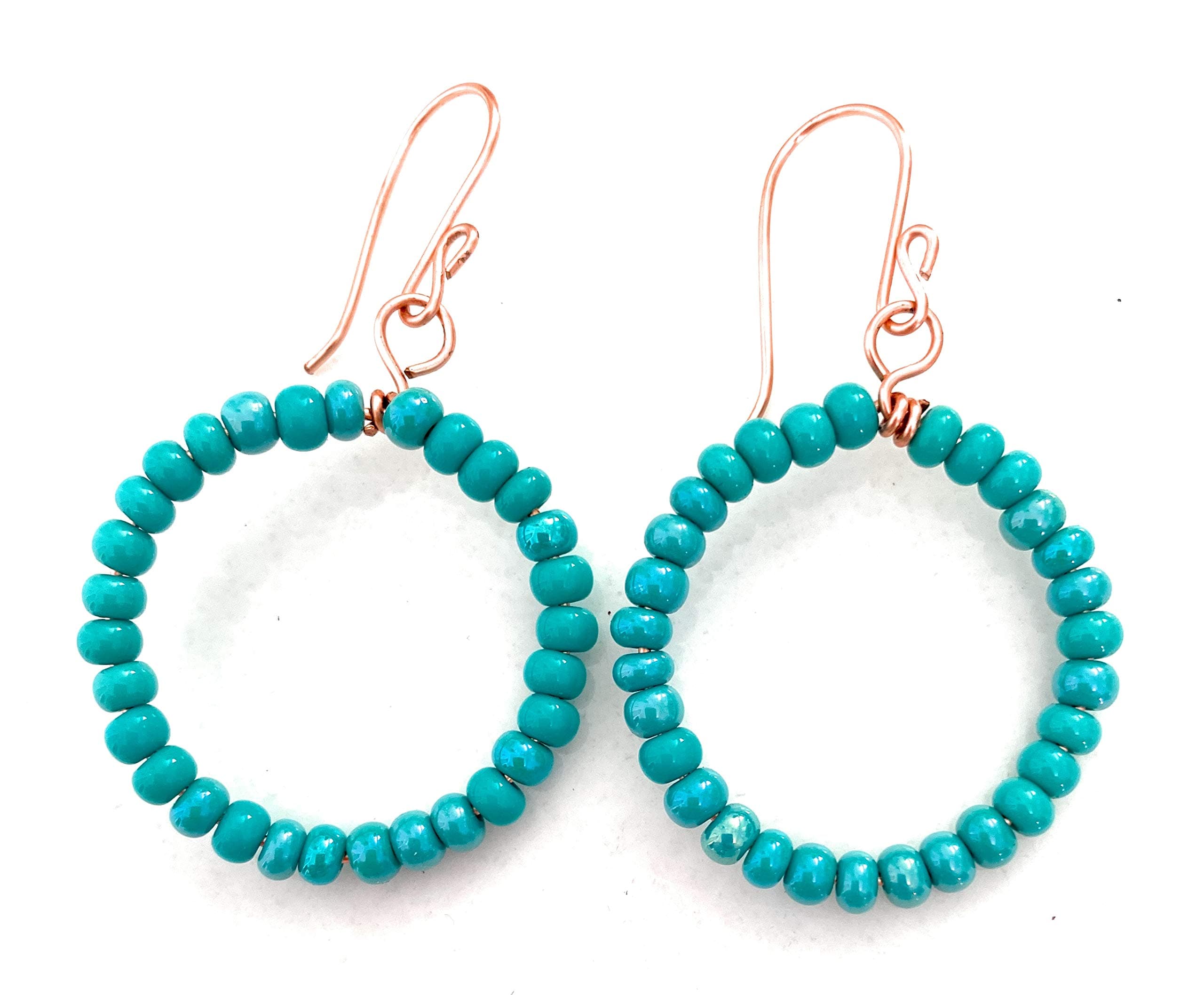 Handmade Beaded Blue Hoop Earrings Copper Wire Wrapped