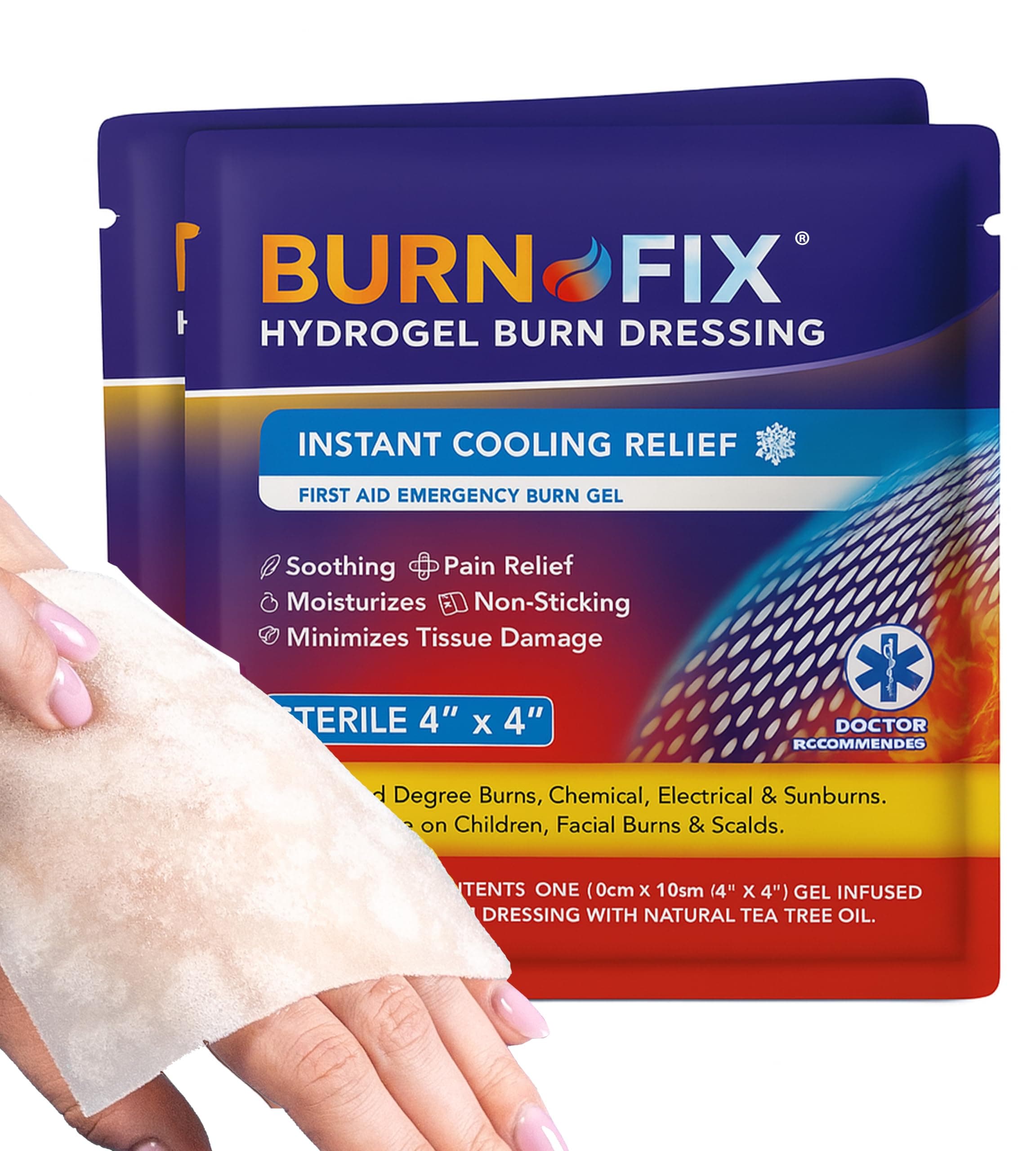 BurnFix® Burn Gel Pads 4x4 Hydrogel Dressing - Heat Sink™ Technology – Sterile with Tea Tree Oil – Instant Cooling for Sunburn, Kitchen, Chemical Burns – Non-Stick First Aid, Safe for Face & Kids (2)
