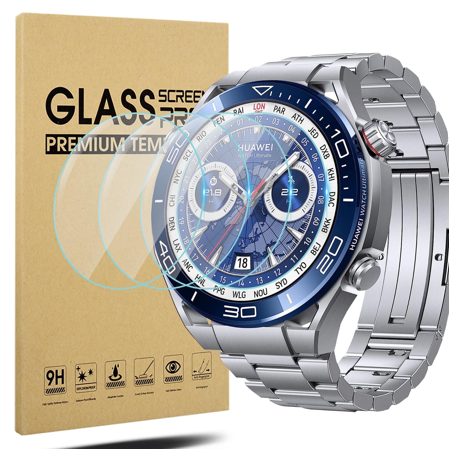 DiruitePack of 4 Screen Protectors for Huawei Watch Ultimate Protective Film, HD Anti-Scratch Tempered Glass Screen Protector for Huawei Watch Ultimate Intelligent Watch