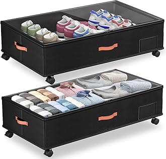 Under Bed Storage with Wheels,2-Pack Under Bed Storage Containers with Clear Lids,XXL 66L Large Under the Bed Storage Organizer Bins With Handles,Space Saving Design for Clothes,Shoes,Books-Black