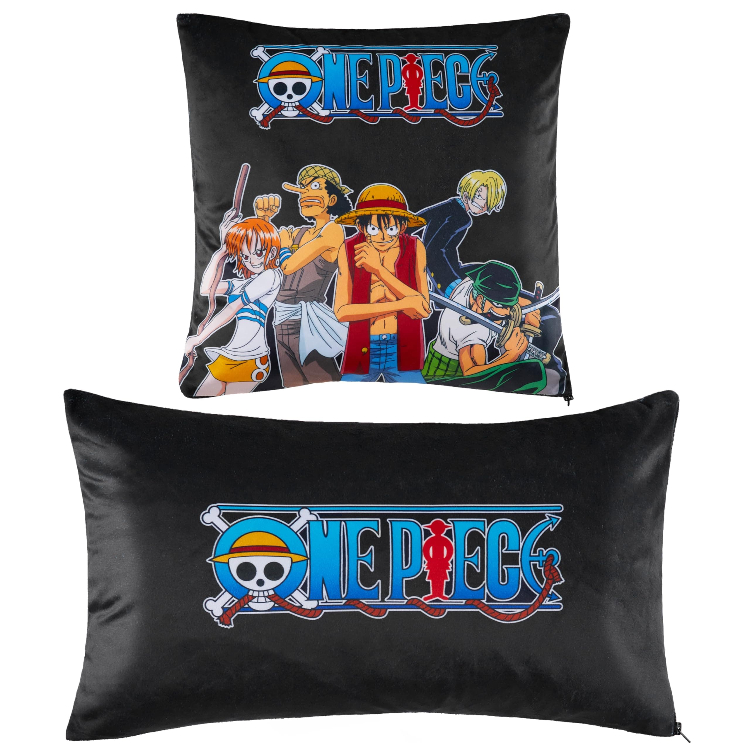 One Piece 2-Pc Cushion Cover Set, Pillow Covers for Bed, Couch, Rectangular 20x12 in, Square 14 x14 in, Luffy Straw Hat Anime Gifts for Boys