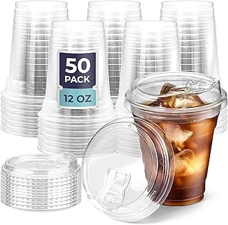 Fit Meal Prep 50 Pack 12 oz Clear Plastic Cups with Strawless Sip Lids, Disposable Plastic Coffee Cups with Lids, To Go Cups for Iced Coffee, Smoothies, Soda, Party Drinks, Bubble Tea, Cold Beverage