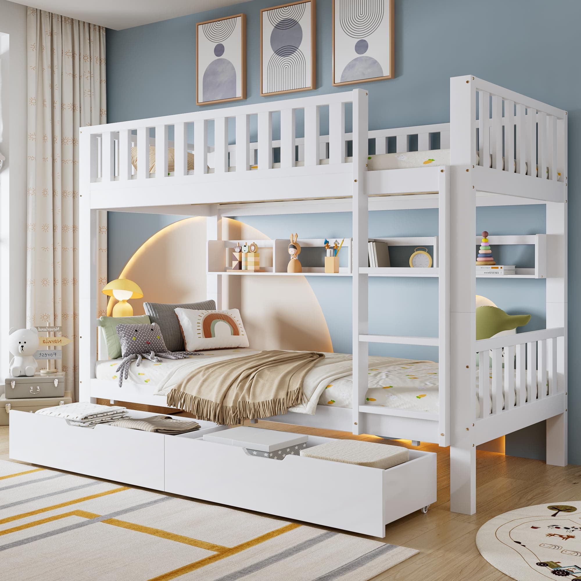 Bunk Bed for Kids Children, 3ft Solid Pine Wood Single Bed Frame & under Bed Slide Drawer Storage, with Shelf, Ideal for Any Room, White (90x190cm)【UK Fast Delivery】