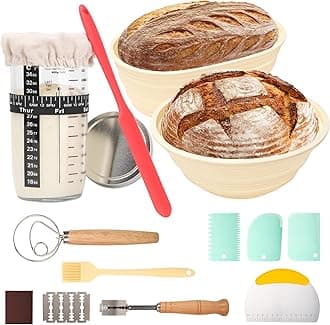 HOXHA Sourdough Starter Kit Bread Baking Supplies Bread Proofing Basket 9 inch Round & 10 inch Oval Bread Proofing Basket, 24Oz Jar