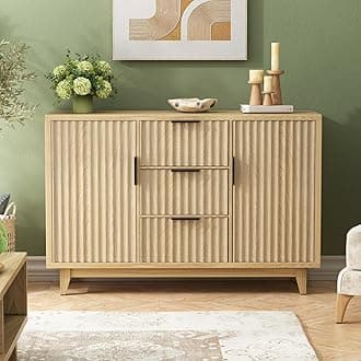 47.2" W Storage Cabinet with 3 Drawers, Fluted Buffet Cabinet with Storage, Large Sideboard Cabinet with 2 Door, Modern Mid Century TV Stand Coffee Bar Cabinet for Living Room, Kitchen, Entryway