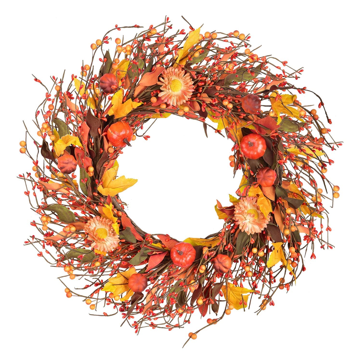 Artificial Fall Berry Wreath - 22" Autumn Door Wreath with Fall Leave,Pumpkin,Berries,Flowerr,Harvest Wreath for Fall and Thanksgiving Festival Decor