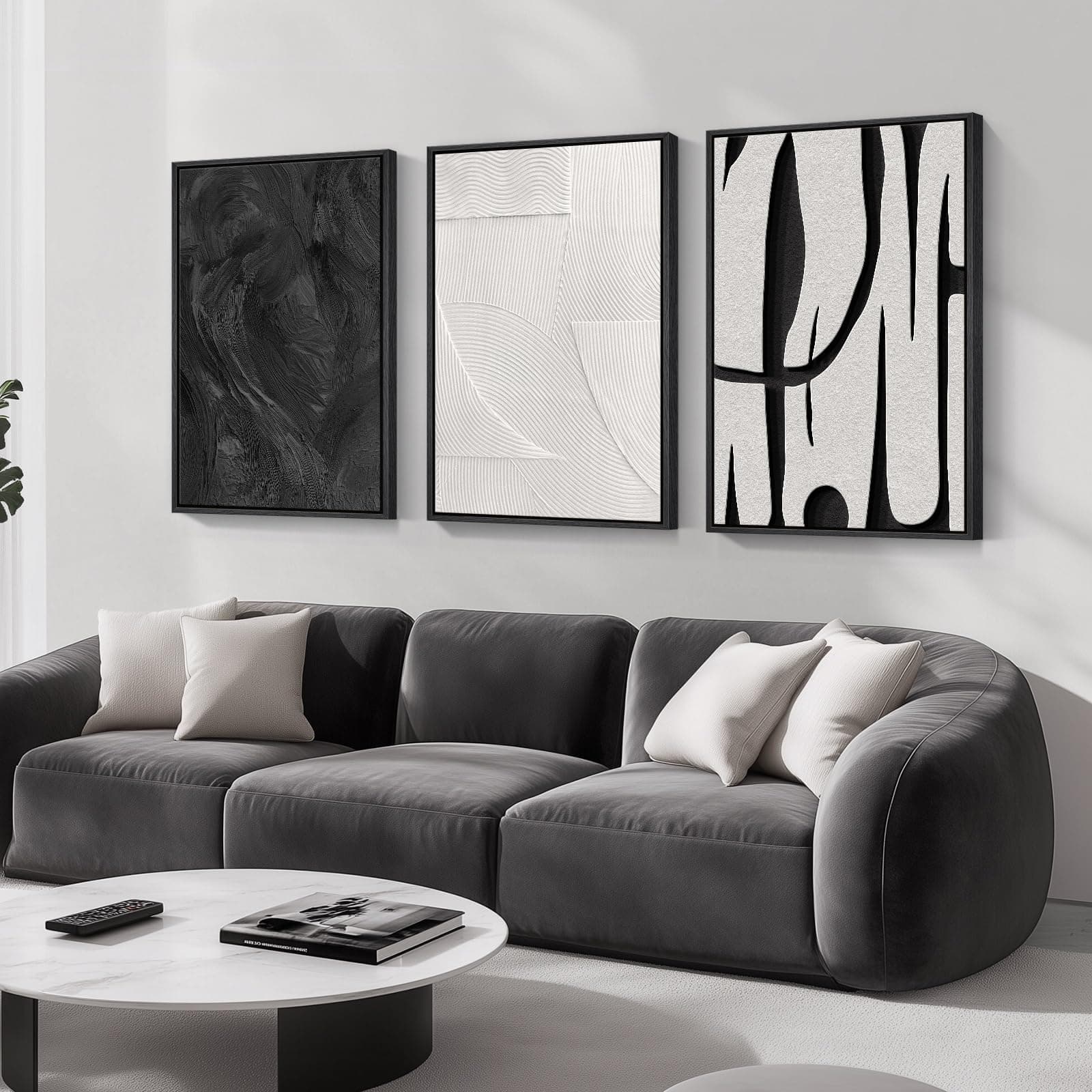 Large Framed Black and White Abstract Wall Art for Living Room, 3 Piece Canvas Prints Paintings Artwork for Walls, Modern Minimalist Pictures for Hallway Stair Office Wall Decor -Total Size 30x60 Inch