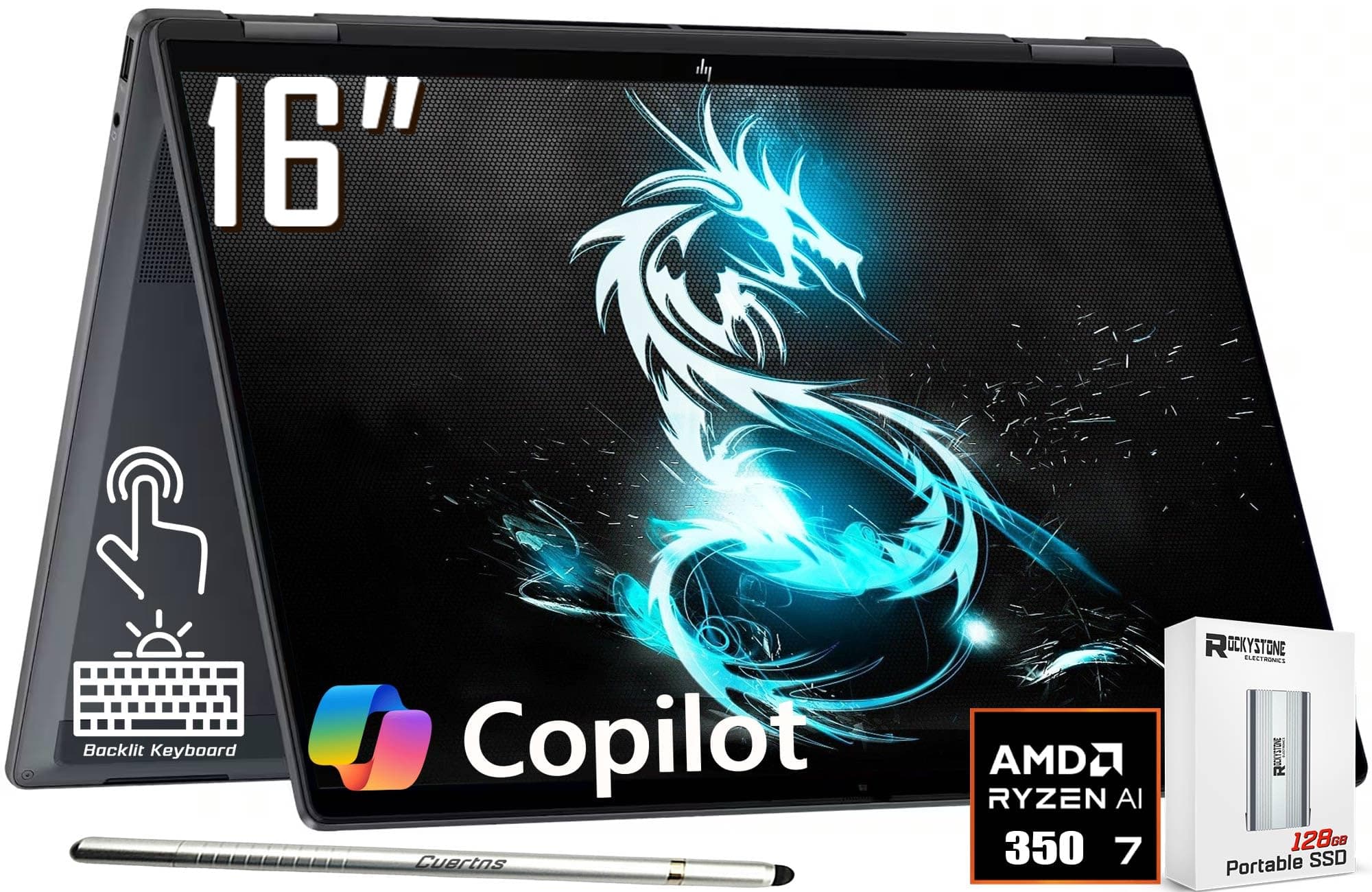 HP OmniBook X Flip 2-in-1 Copilot+ AI PC Laptop, 16" 2K Touchscreen, AMD 8-Core Ryzen AI 7 350(>Intel i7-1355U), 24GB LPDDR5X, 1TB Gen4 SSD, 5MP IR Webcam, Backlit KB, W/128GB PSD&Stylus, Win11 Home