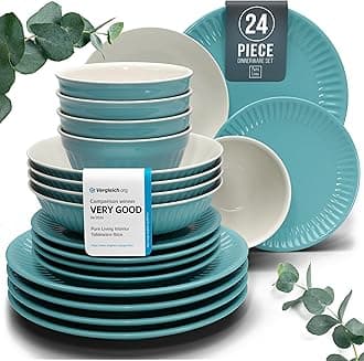24-Piece Dinnerware Set - Bowl and Plate Set - Stoneware Dining Set for 6 People - Dishwasher and Microwave Safe - Grooved Dining Service in Petrol