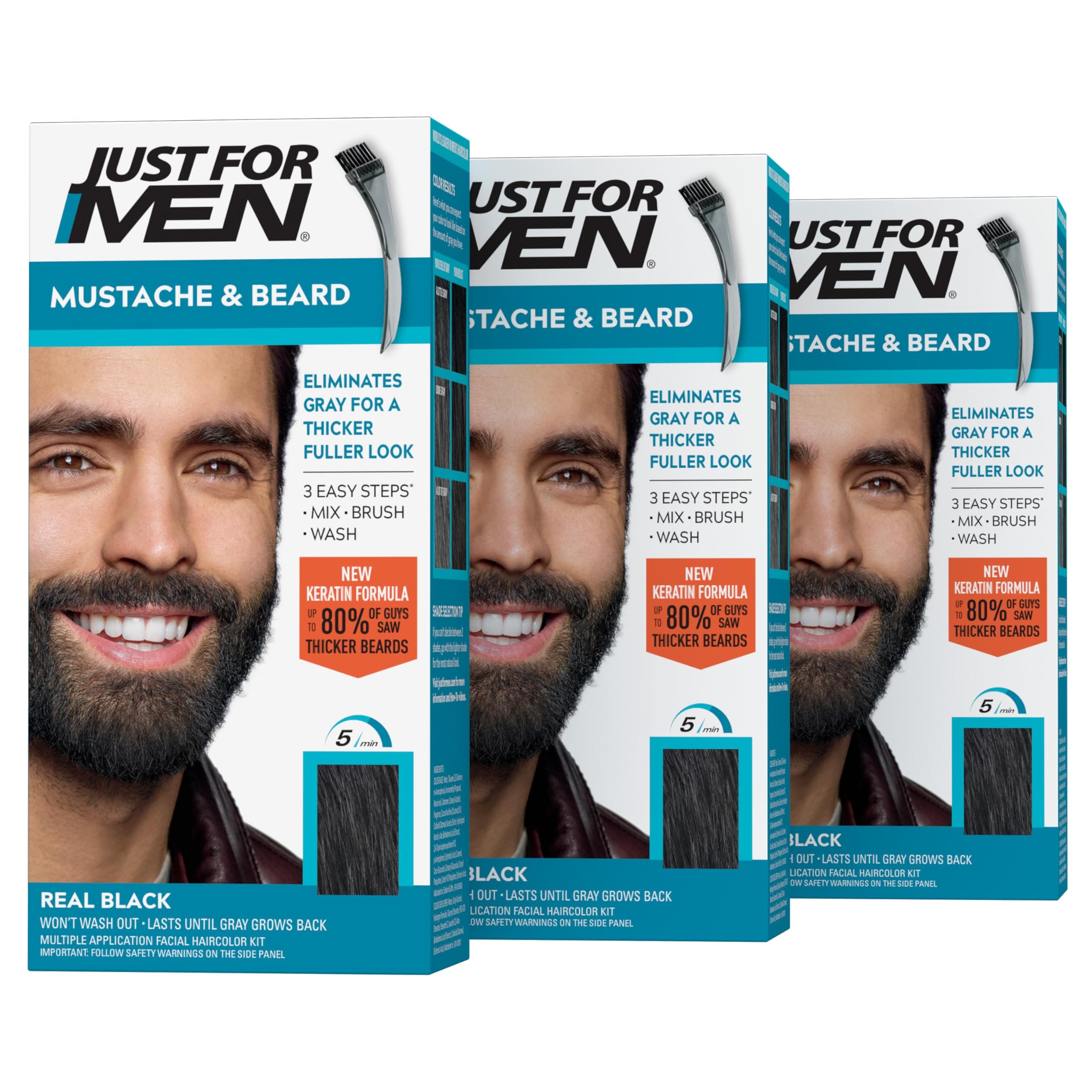 Just For Men Mustache & Beard, Beard Coloring for Gray Hair with Brush, With Keratin Biotin Aloe and Coconut Oil for Healthy Facial Hair - Real Black, M-55, Pack of 3 (Packaging May Vary)