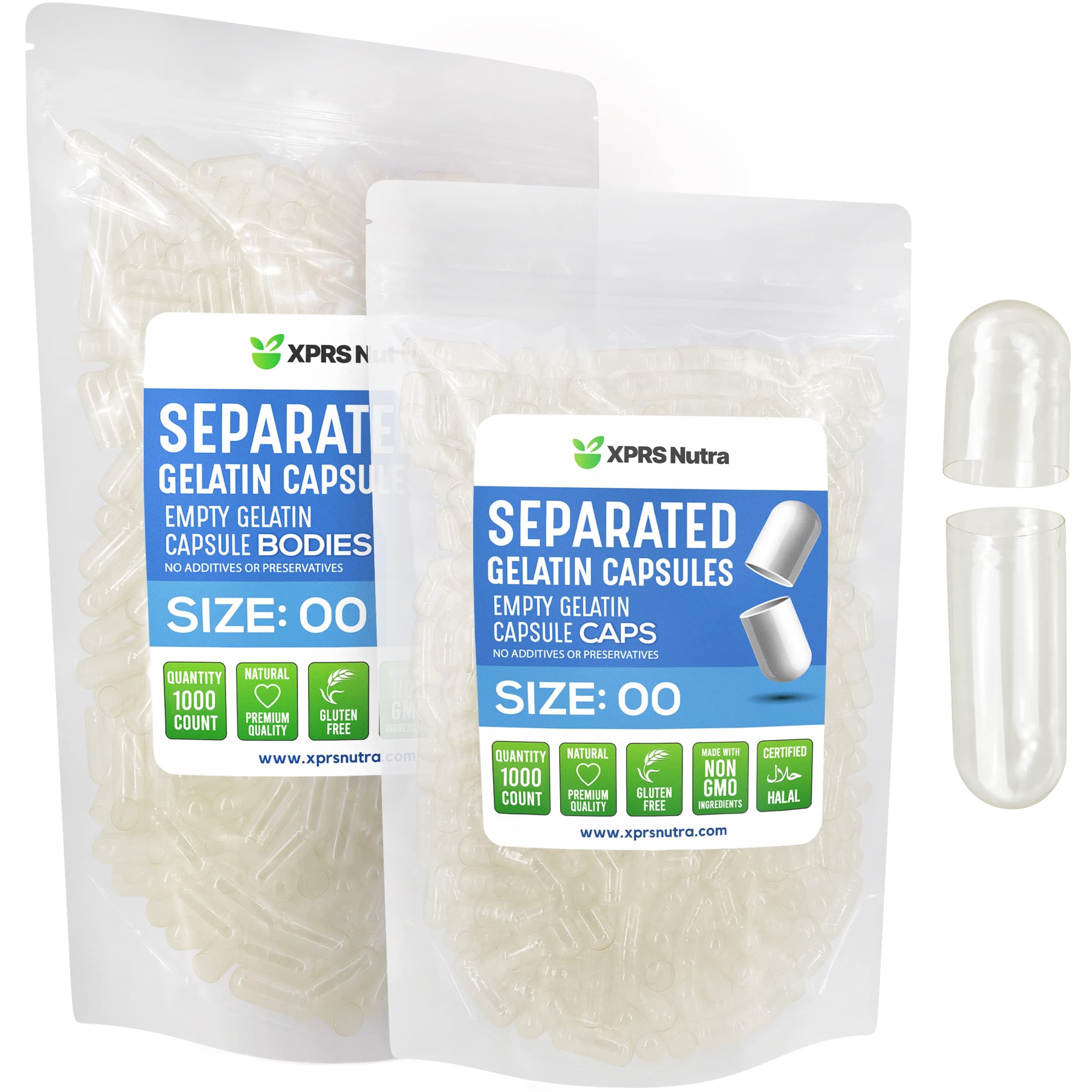 XPRS Nutra Gelatin Size 00 Separated Capsules - 1000 Count Gelatin Empty Capsules Separated in Bags - Separated Empty 00 Capsules - Pill Capsules DIY