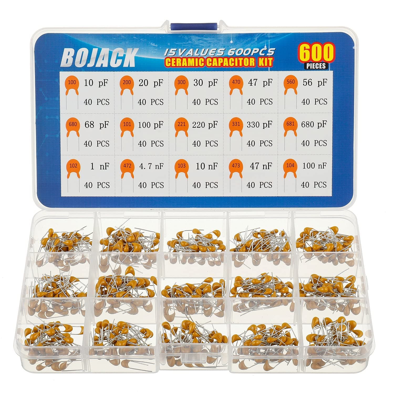15 Type Values 600Pcs Ceramic Capacitor Assortment Kit Capacitors from 10pf to 100nF in a Box
