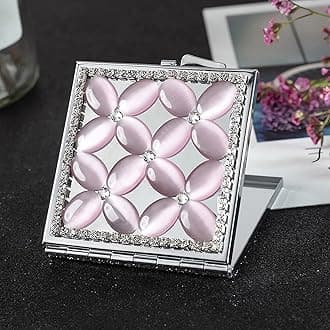 Portable Mirror Square Small Mirror for Purse Compact Mirror with Purple Cat's Eye Stone 2-Sided Mini Mirror (Purple Flower)