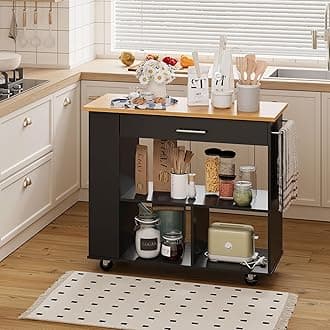 Shintenchi Kitchen Island on Wheels with Storage, Wheeled Island & Cart with 3-Tier Spice Rack, 3 Open Shelves and 1 Drawer, Black