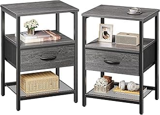 Nightstand Set of 2, Night Stand with Fabric Drawer, Mesh Shelf, Side Table with Storage, Fabric Drawer Dresser, Open Shelf, Metal Frame, Bedroom, Grey